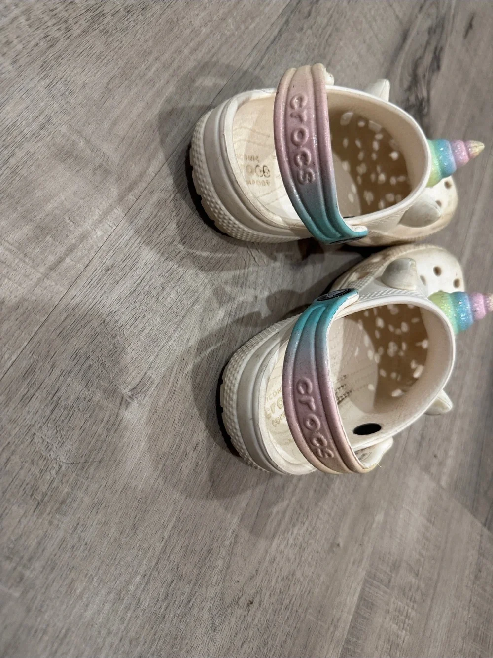 CROCS Kids White Clogs with Pastel Rainbow Unicorn Accents